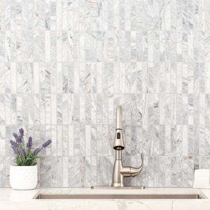 Capri Blue 1x6 Stack Pattern Marble Mosaic installed in a finished room