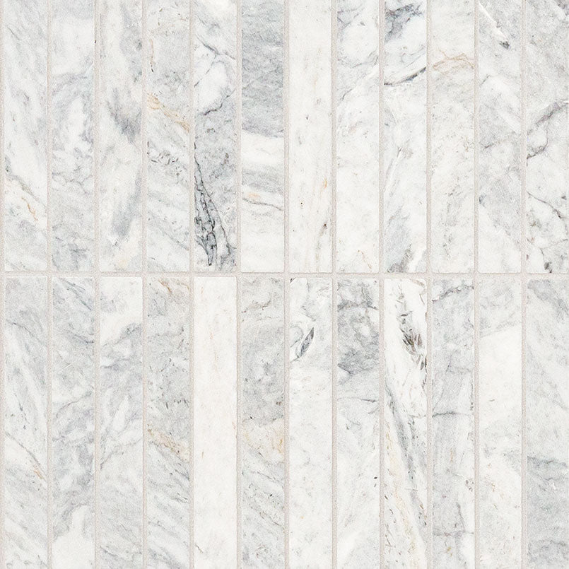 Capri Blue 1x6 Stack Pattern Marble Mosaic in honed finish, close up sheet view