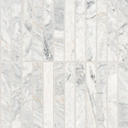 Capri Blue 1x6 Stack Pattern Marble Mosaic in honed finish, close up sheet view