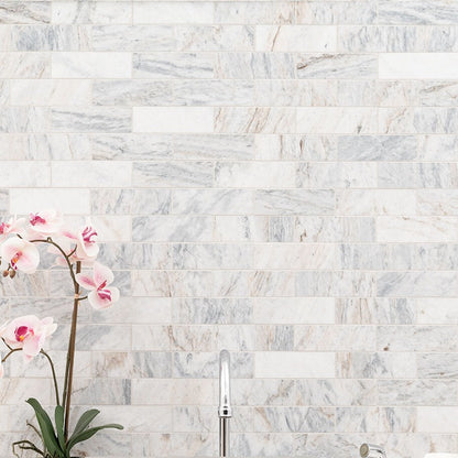 Capri Blue 2x6 Subway Marble Mosaic installed in a finished room