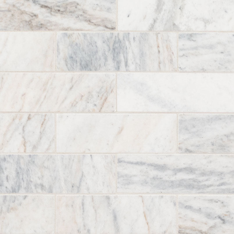 Capri Blue 2x6 Subway Marble Mosaic in honed finish, close up sheet view