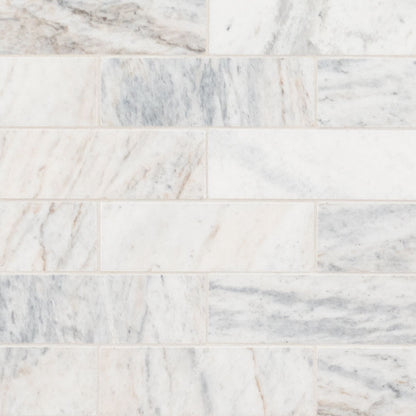 Capri Blue 2x6 Subway Marble Mosaic in honed finish, close up sheet view