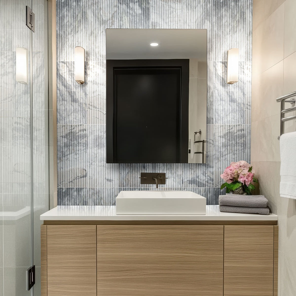 Capri Blue Marble Tile installed in a bathroom