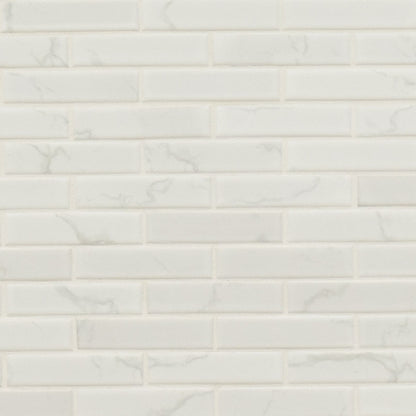 Carrara 1x4 Porcelain Mosaic in matte finish, close up sheet view
