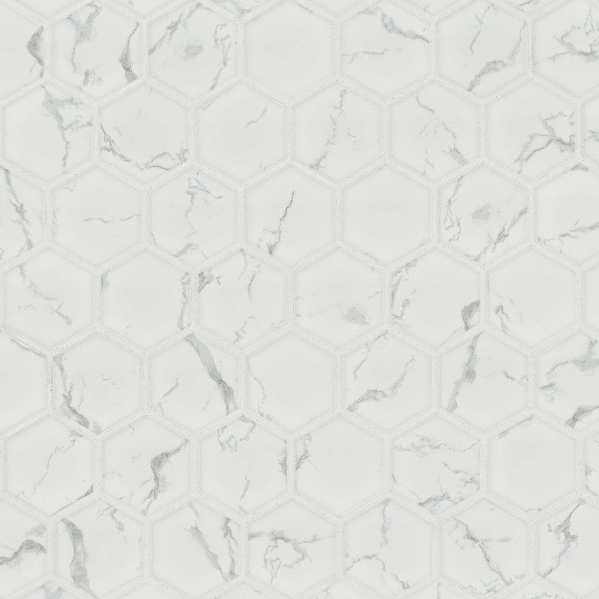 Carrara 2" Hexagon Porcelain Mosaic in matte finish, close up sheet view