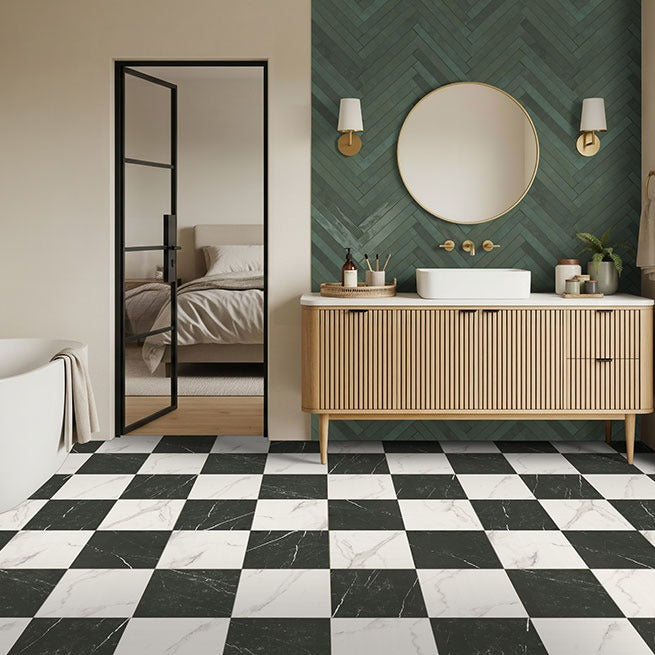Casa Duet Calacatta Marquina porcelain tile installed in a bathroom setting