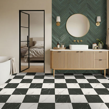 Casa Duet Calacatta Marquina porcelain tile installed in a bathroom setting