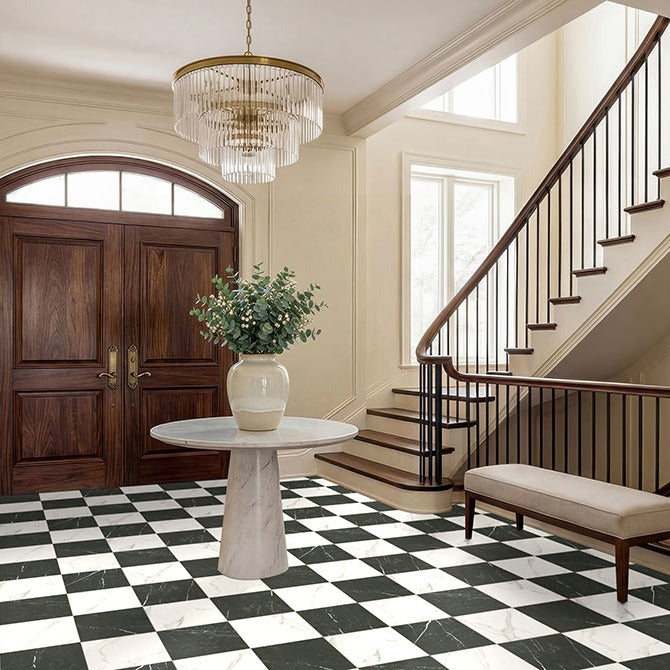 Casa Duet Calacatta Marquina porcelain tile shown in a finished room, scene 2