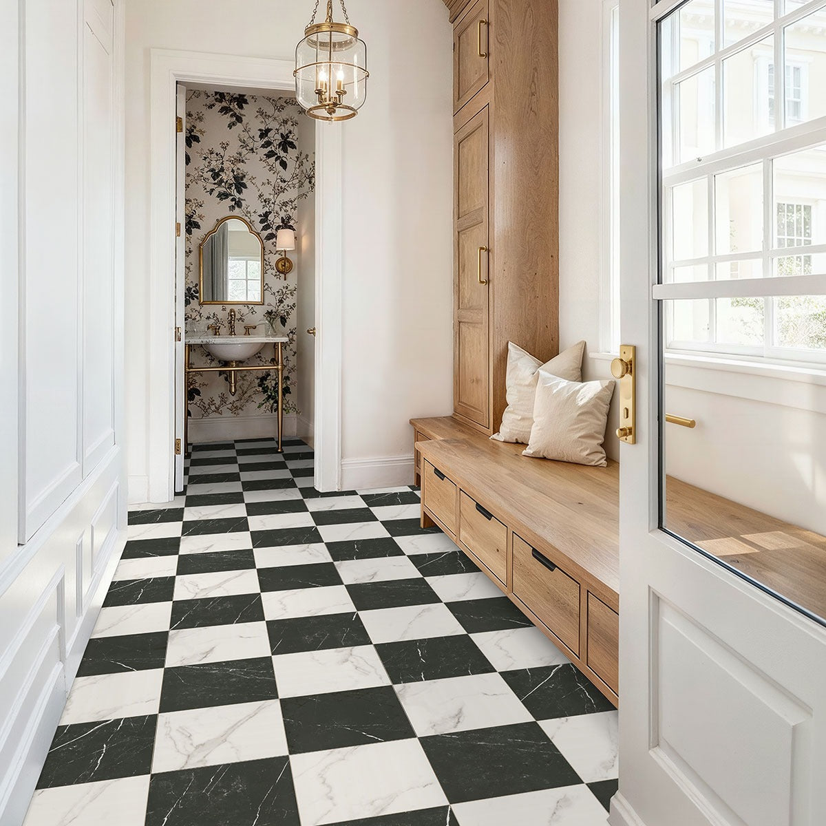 Casa Duet Calacatta Marquina porcelain tile shown in a finished room, scene 3