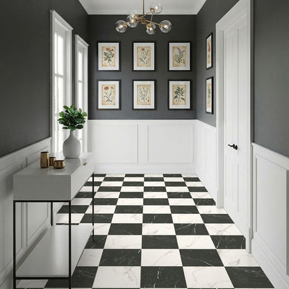 Casa Duet Calacatta Marquina porcelain tile shown in a finished room, scene 4