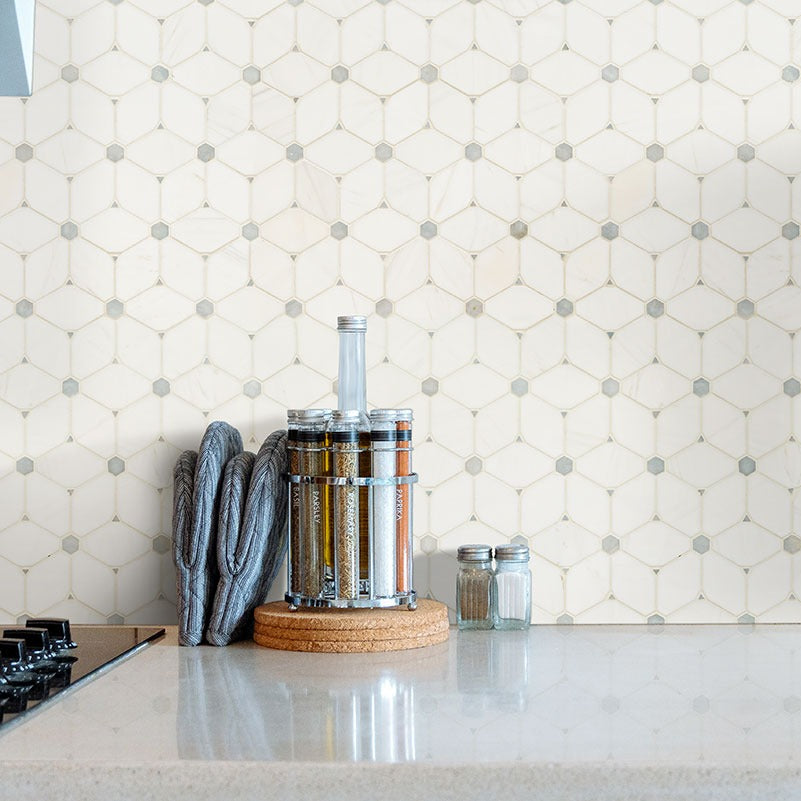 Cecily Grigio Marble Mosaic installed in a finished room