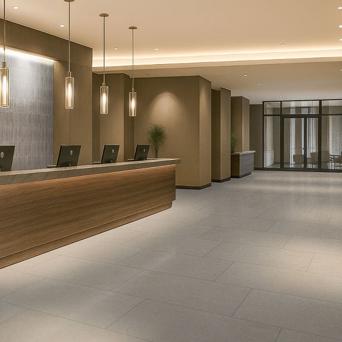 Cementique Silver porcelain tile shown in a finished room