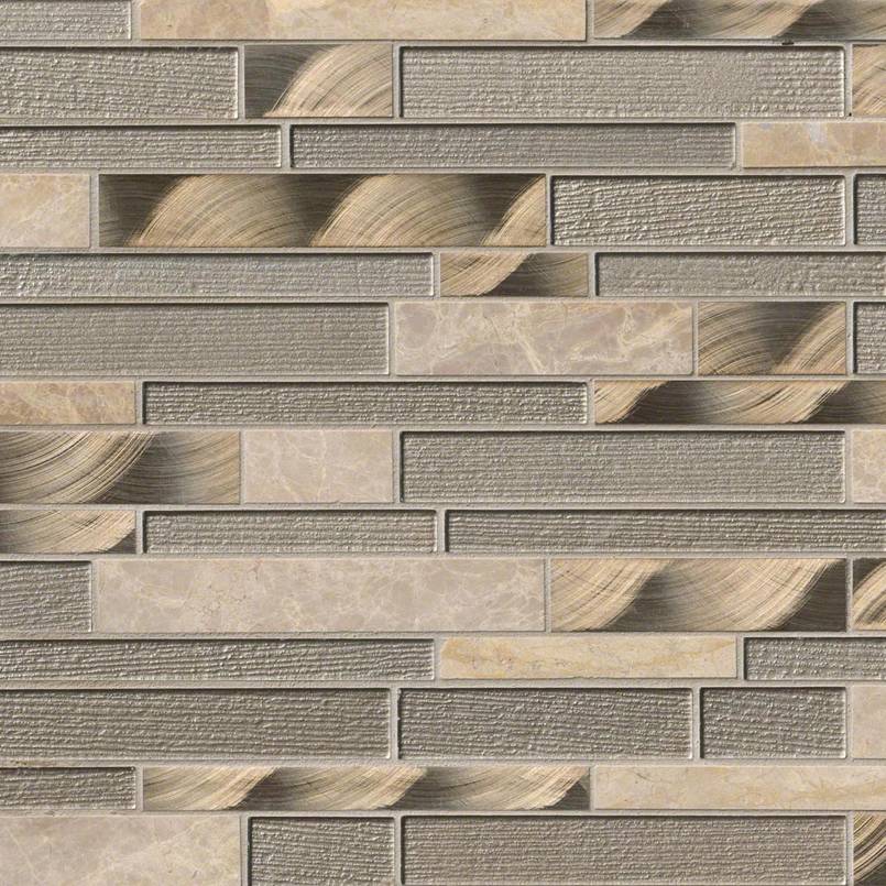 Champagne Toast Interlocking Stone and Glass Mosaic in mixed finish, close up sheet view