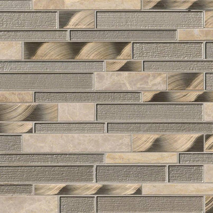 Champagne Toast Interlocking Stone and Glass Mosaic in mixed finish, close up sheet view