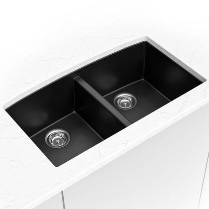 Classic 33" x 20" 50/50 Quartz Composite Undermount Double Basin Kitchen Sink in Black, installed close up