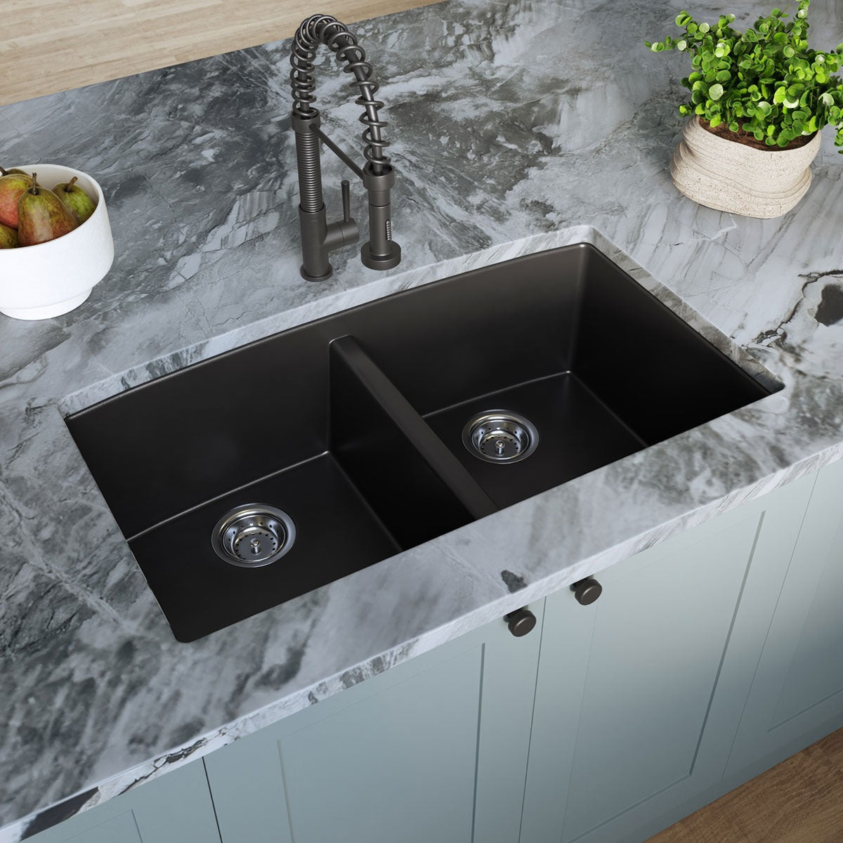 Classic 33" x 20" 50/50 Quartz Composite Undermount Double Basin Kitchen Sink in Black, installed in a room setting