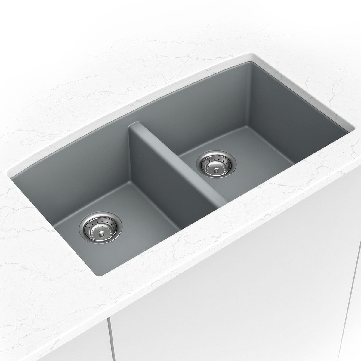 Classic 33" x 20" 50/50 Quartz Composite Undermount Double Basin Kitchen Sink in Gray, installed close up