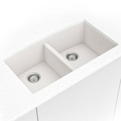 Classic 33" x 20" 50/50 Quartz Composite Undermount Double Basin Kitchen Sink in White, installed close up