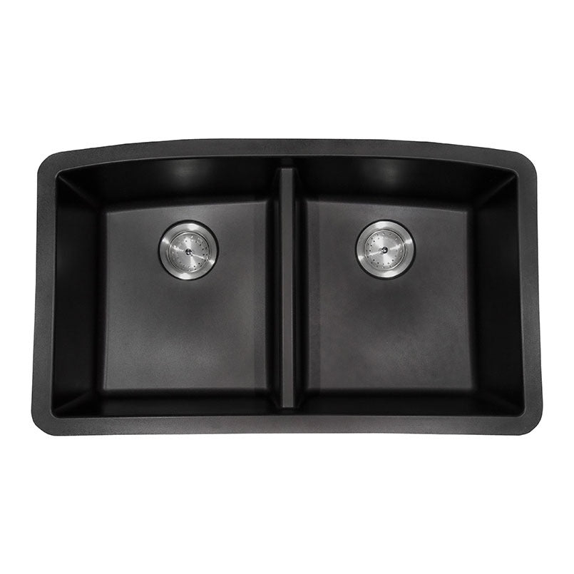 Classic 33" x 20" 50/50 Quartz Composite Undermount Double Basin Kitchen Sink, Black, top view on white