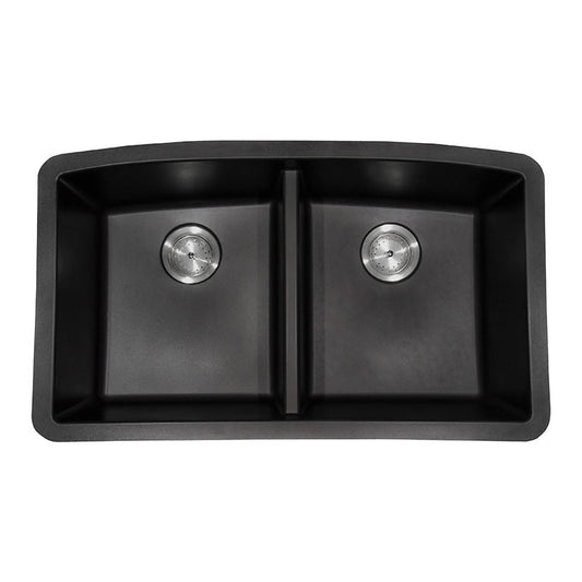 Classic 33" x 20" 50/50 Quartz Composite Undermount Double Basin Kitchen Sink in Black