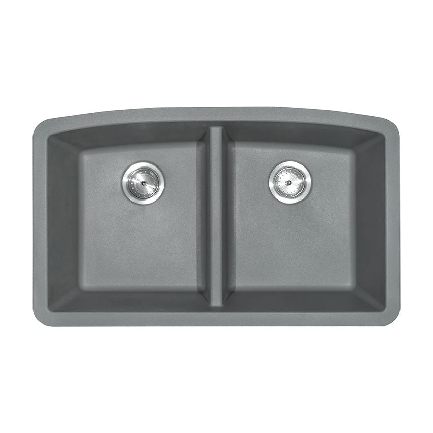Classic 33" x 20" 50/50 Quartz Composite Undermount Double Basin Kitchen Sink, Gray, top view on white