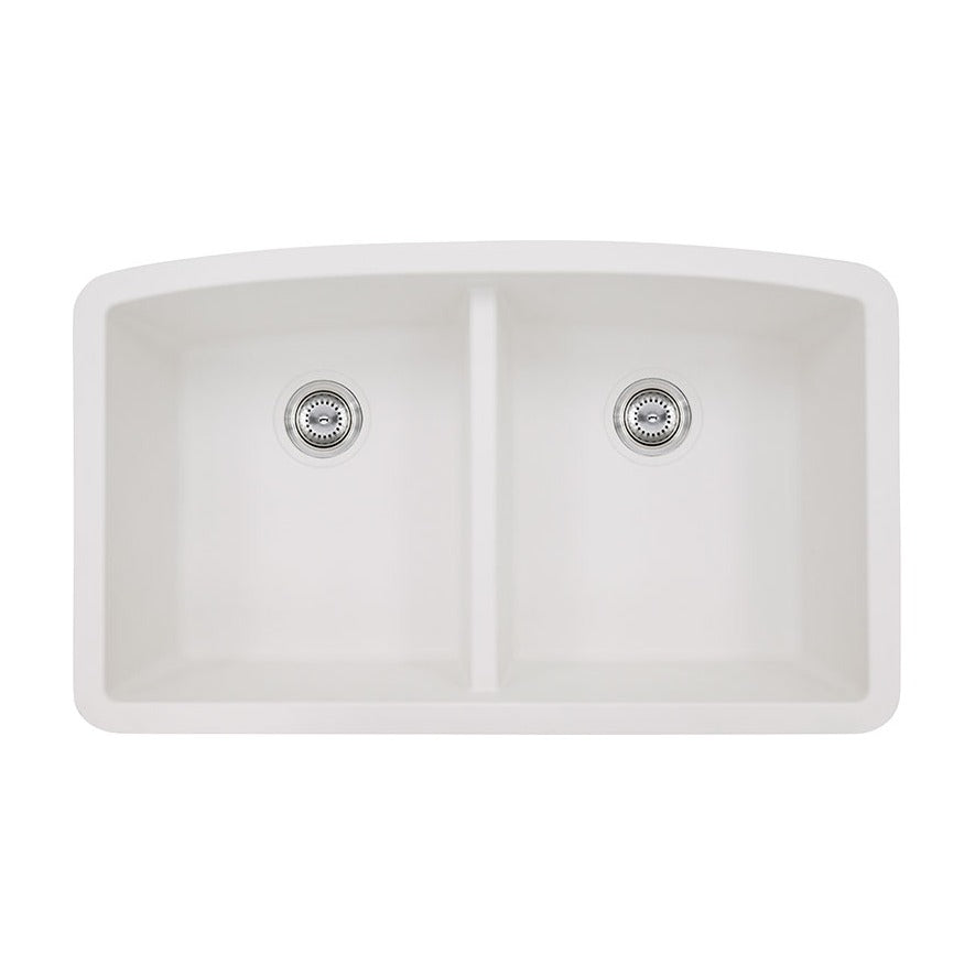 Classic 33" x 20" 50/50 Quartz Composite Undermount Double Basin Kitchen Sink, White, top view on white