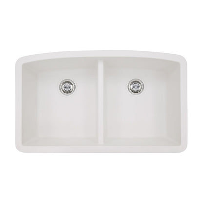 Classic 33" x 20" 50/50 Quartz Composite Undermount Double Basin Kitchen Sink, White, top view on white