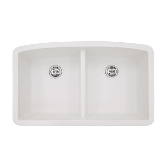 Classic 33" x 20" 50/50 Quartz Composite Undermount Double Basin Kitchen Sink in White