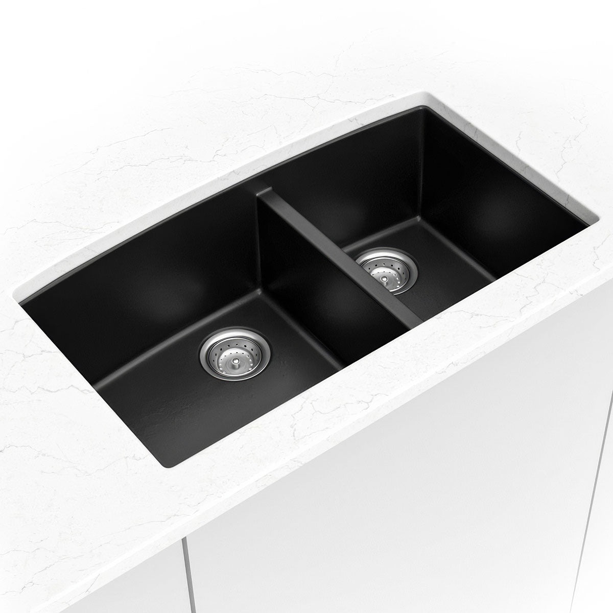 Classic 33" x 20" 60/40 Quartz Composite Undermount Double Basin Kitchen Sink in Black, installed close up