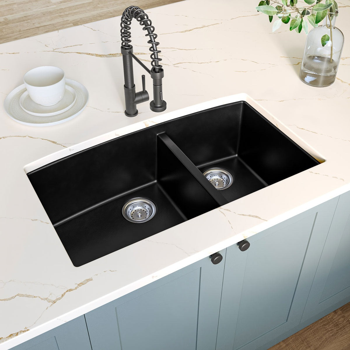 Classic 33" x 20" 60/40 Quartz Composite Undermount Double Basin Kitchen Sink in Black, installed in a room setting
