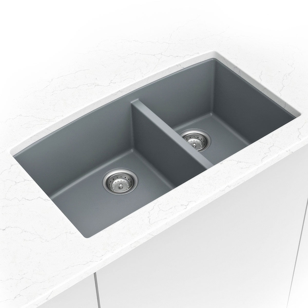 Classic 33" x 20" 60/40 Quartz Composite Undermount Double Basin Kitchen Sink in Gray, installed close up