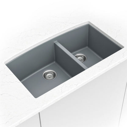 Classic 33" x 20" 60/40 Quartz Composite Undermount Double Basin Kitchen Sink in Gray, installed close up