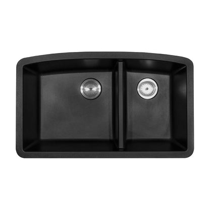 Classic 33" x 20" 60/40 Quartz Composite Undermount Double Basin Kitchen Sink, Black, top view on white