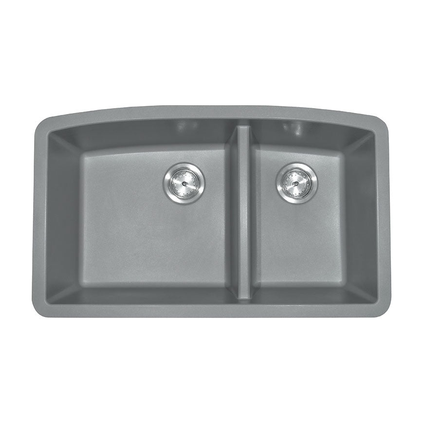Classic 33" x 20" 60/40 Quartz Composite Undermount Double Basin Kitchen Sink, Gray, top view on white