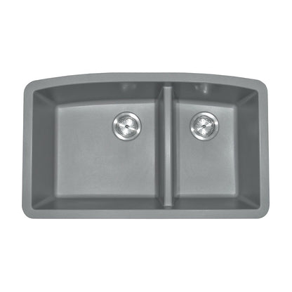 Classic 33" x 20" 60/40 Quartz Composite Undermount Double Basin Kitchen Sink, Gray, top view on white