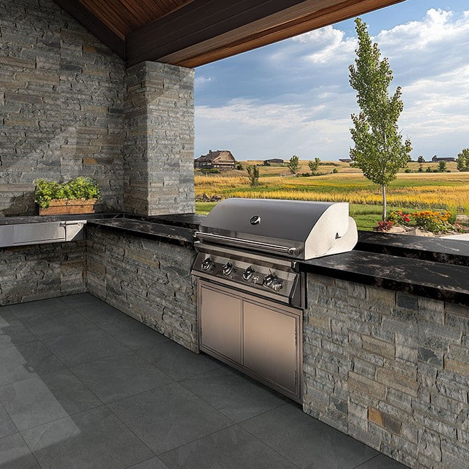 Colorado Springs Rockland Ledgestone Rockmount Stone Veneer Decorative Wall Panels shown installed in a finished outdoor or living space