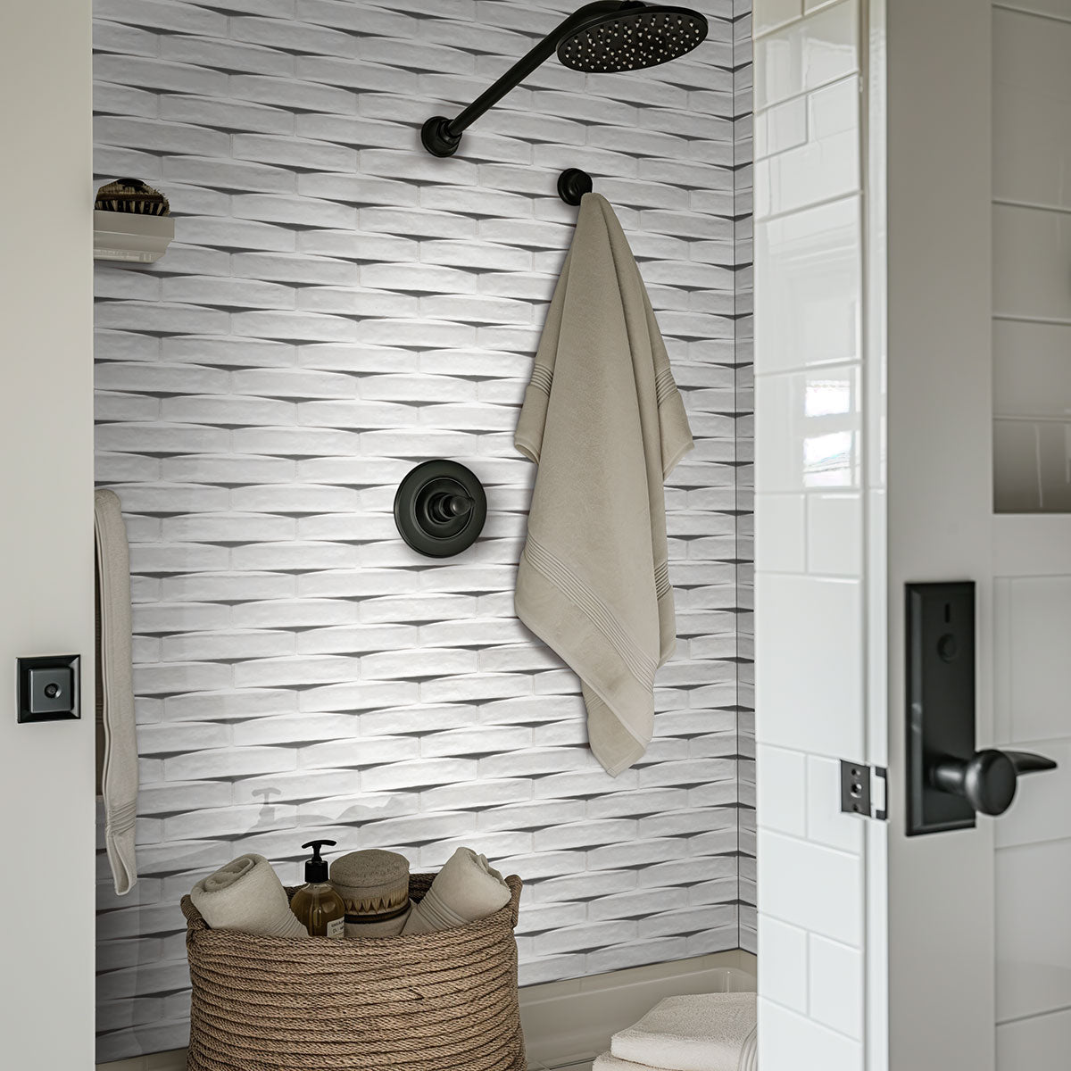 Convex Calc ceramic tile installed in a bathroom setting