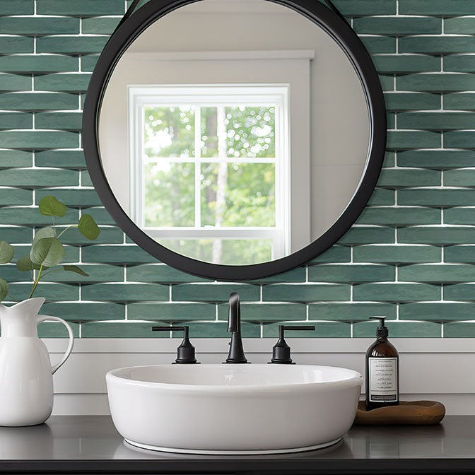 Convex Olive ceramic tile installed in a bathroom setting