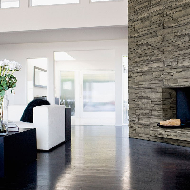Copen Ash Terrado Manufactured Stone Decorative Wall Panels shown installed in a finished outdoor or living space