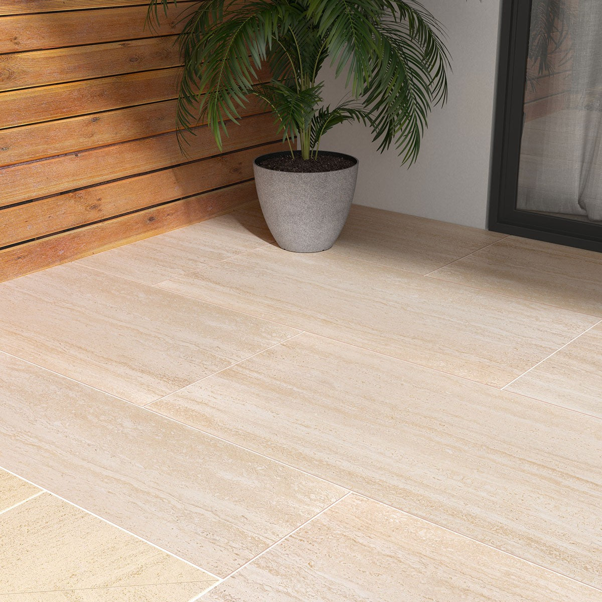 Cordova Avorio Arterra Porcelain Pavers shown installed in a finished outdoor or living space