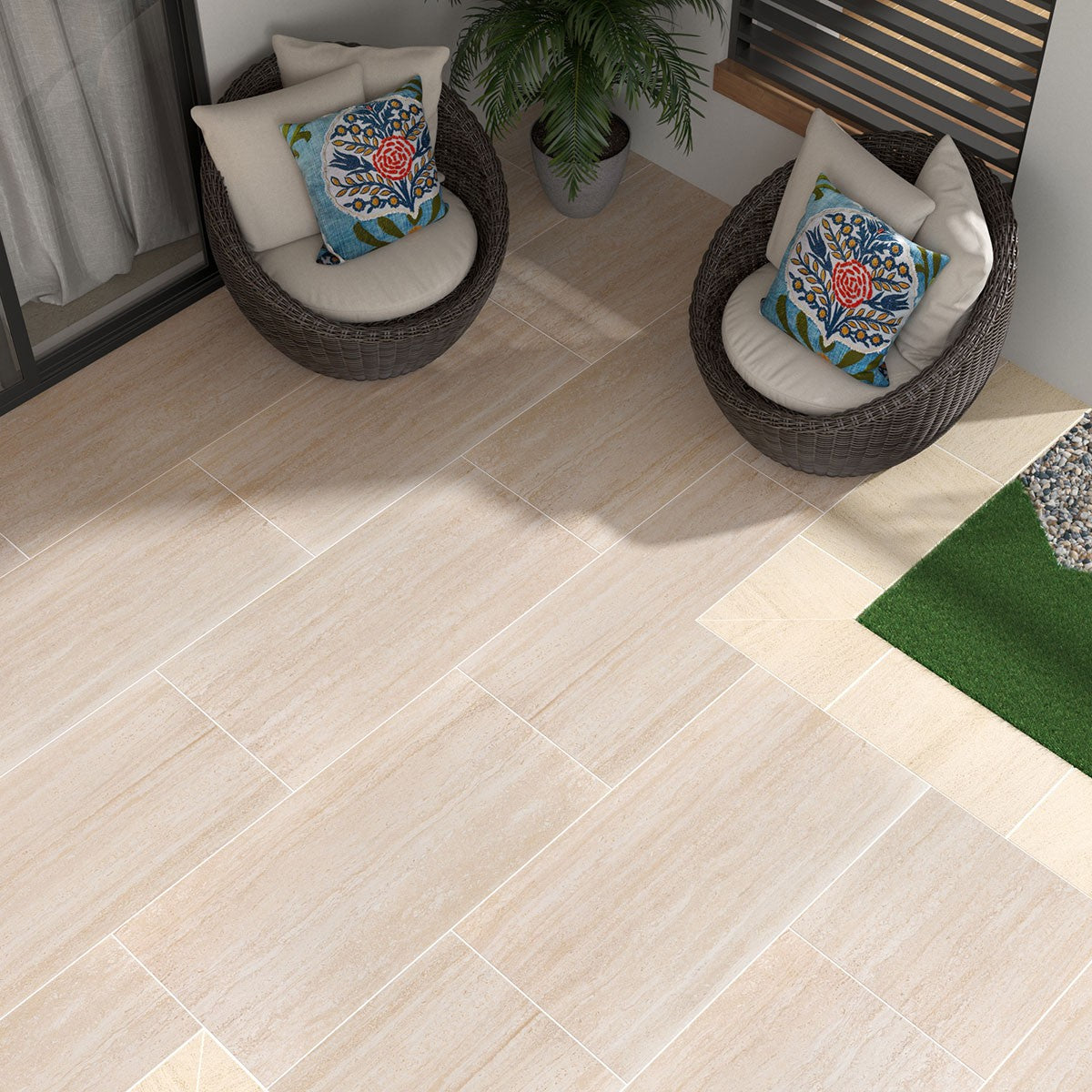 Cordova Avorio Arterra Porcelain Pavers shown installed in a finished outdoor or living space