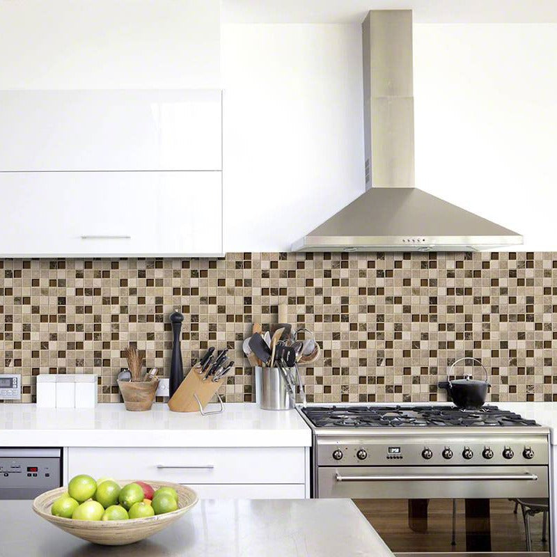 Crema Marfil Ibiza Blend 1x1 Stone and Glass Mosaic installed in a finished room