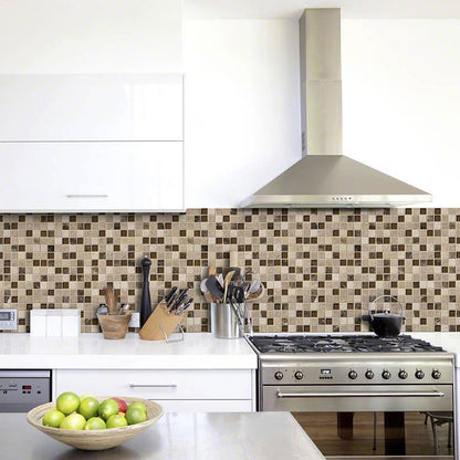 Crema Marfil Ibiza Blend 1x1 Stone and Glass Mosaic installed in a finished room