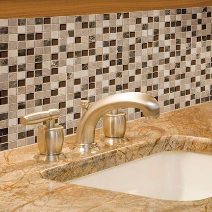 Crema Marfil Ibiza Blend 1x1 Stone and Glass Mosaic installed in a finished room