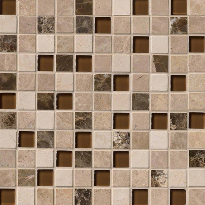 Crema Marfil Ibiza Blend 1x1 Stone and Glass Mosaic in polished finish, close up sheet view