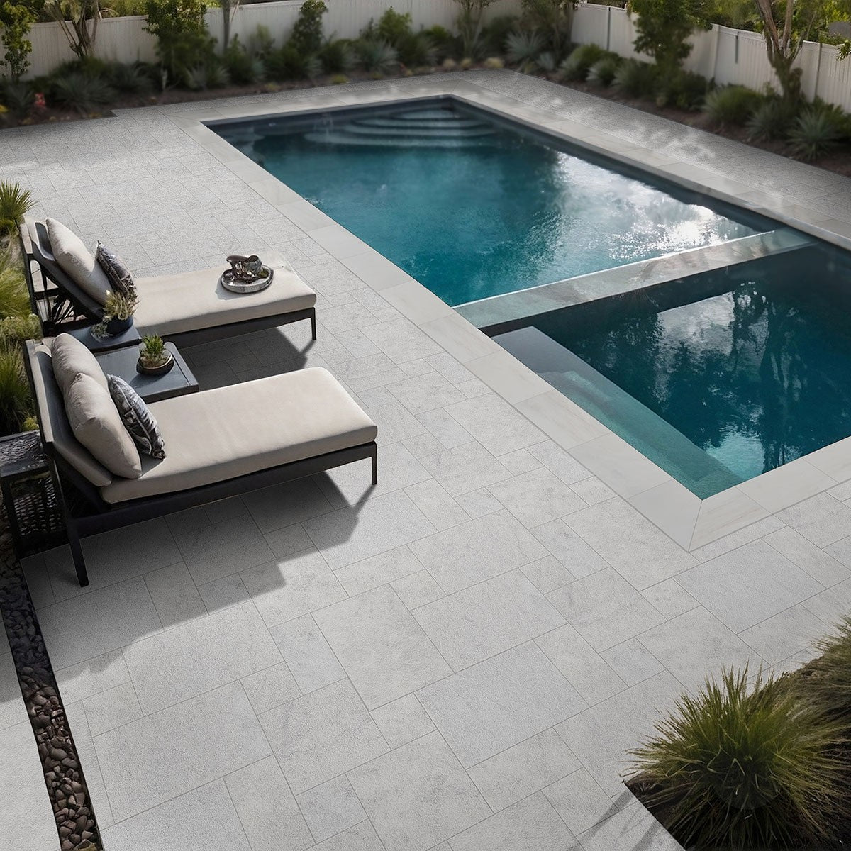 Crystal White Marble Pool Coping shown installed in a finished outdoor or living space