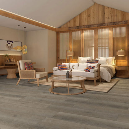 Cyrus Cranton rigid core SPC vinyl plank flooring installed in a furnished room