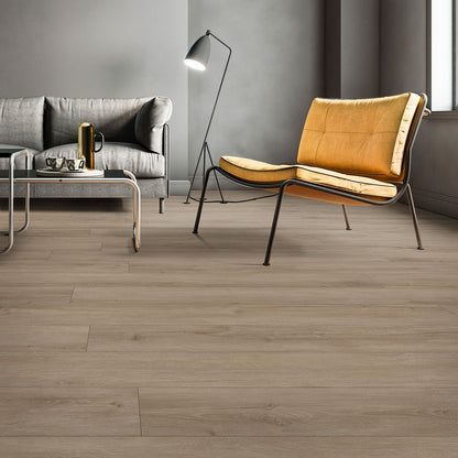 Cyrus Sandino rigid core SPC vinyl plank flooring installed in a furnished room
