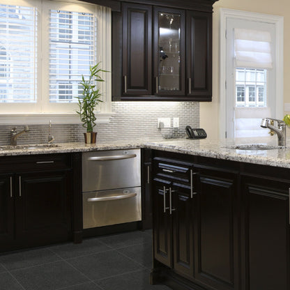 Dimensions Graphite porcelain tile installed in a kitchen setting, scene 2