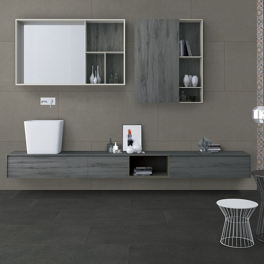 Dimensions Graphite porcelain tile shown in a finished room, scene 4